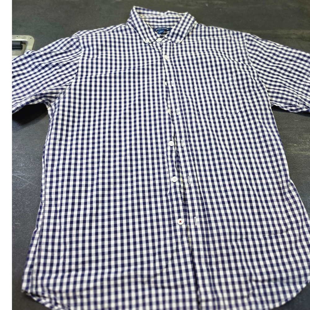 Bowery & Broome Men Large Navy Blue Gingham Check Preppy Cotton ButtonDown Shirt